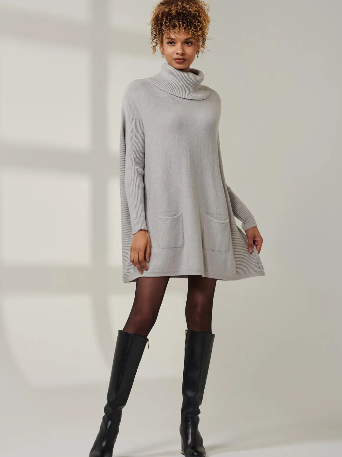 Roll Neck Pocket Front Knit Jumper, Grey Heather