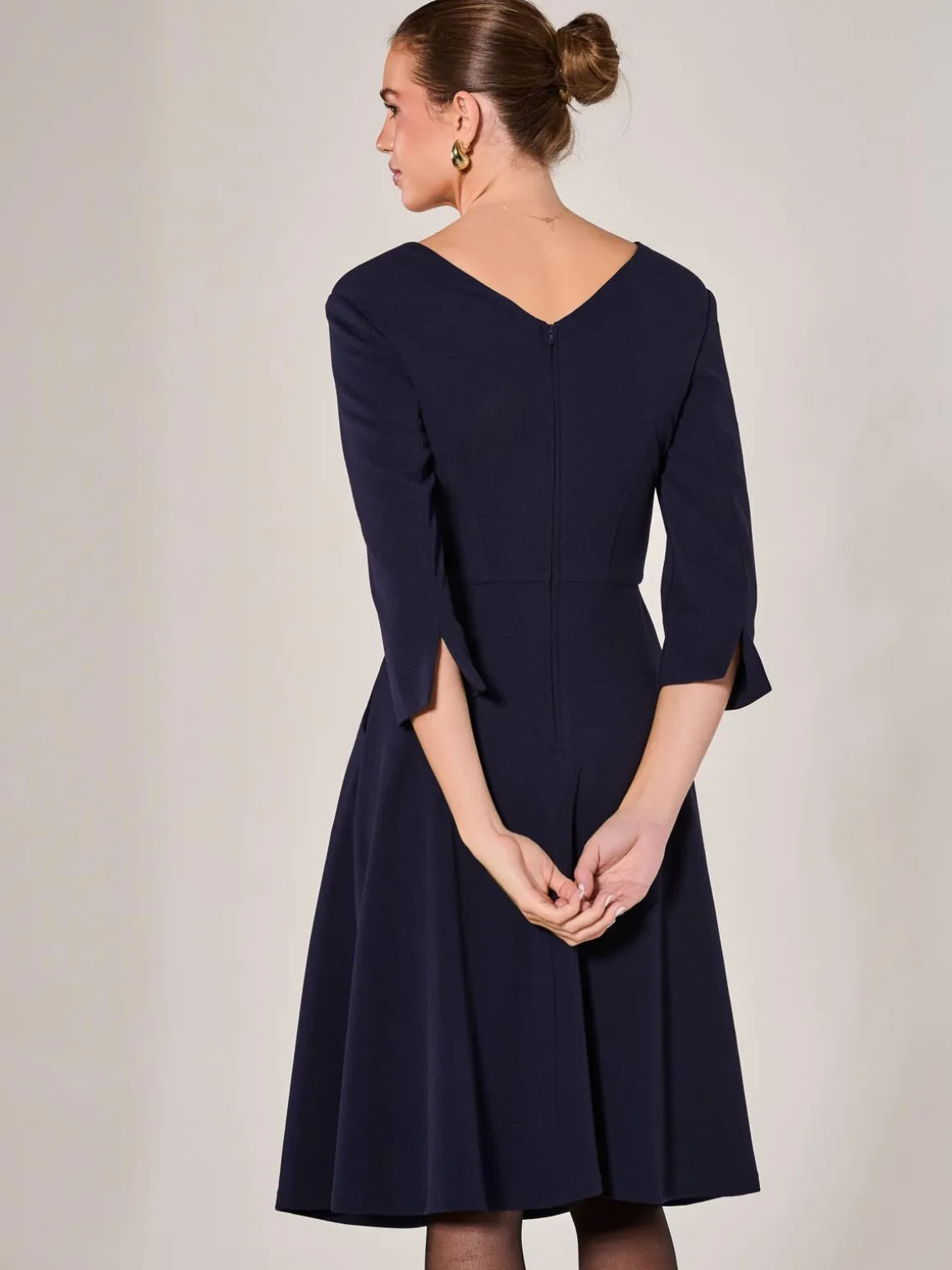 Round Neck 3/4 Sleeve Midi Dress, Navy