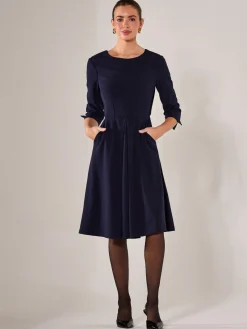 Round Neck 3/4 Sleeve Midi Dress, Navy
