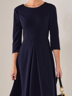 Round Neck 3/4 Sleeve Midi Dress, Navy