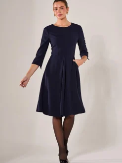 Round Neck 3/4 Sleeve Midi Dress, Navy