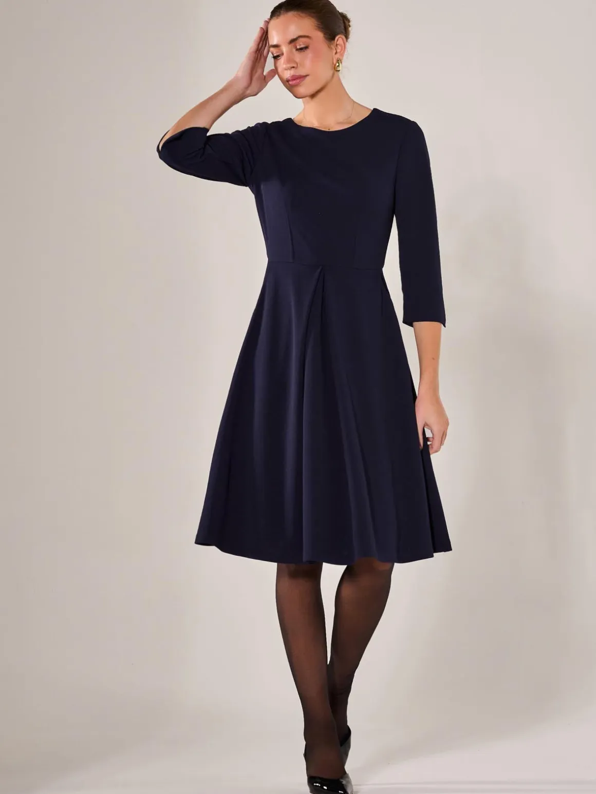 Round Neck 3/4 Sleeve Midi Dress, Navy