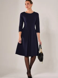 Round Neck 3/4 Sleeve Midi Dress, Navy