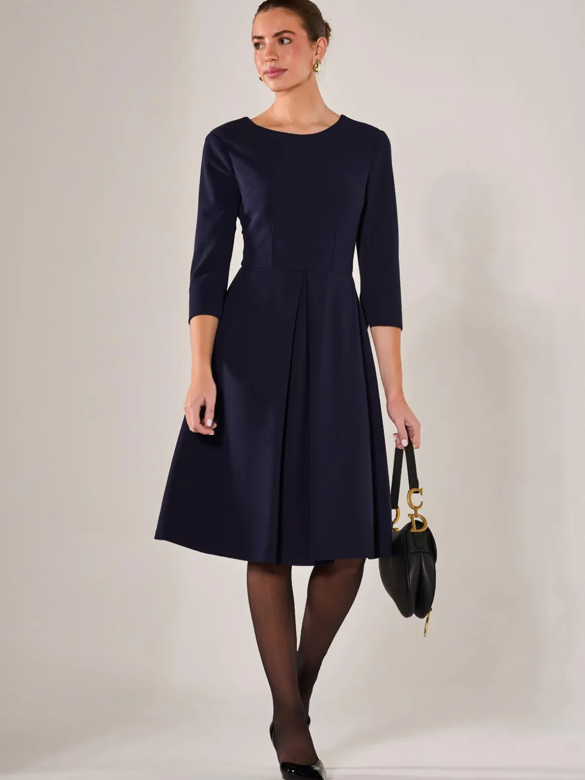 Round Neck 3/4 Sleeve Midi Dress, Navy