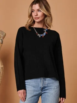 Round Neck Vertical Line Knit Top, Black