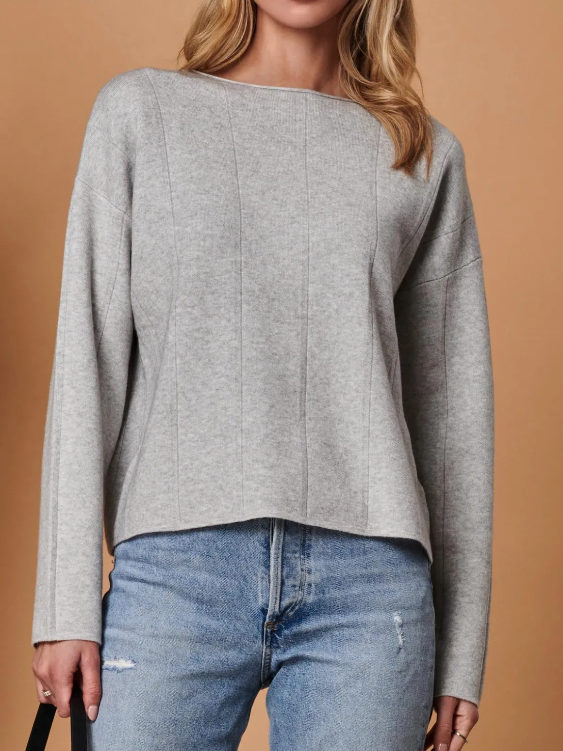 Round Neck Vertical Line Knit Top, Dove Heather