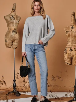 Round Neck Vertical Line Knit Top, Dove Heather