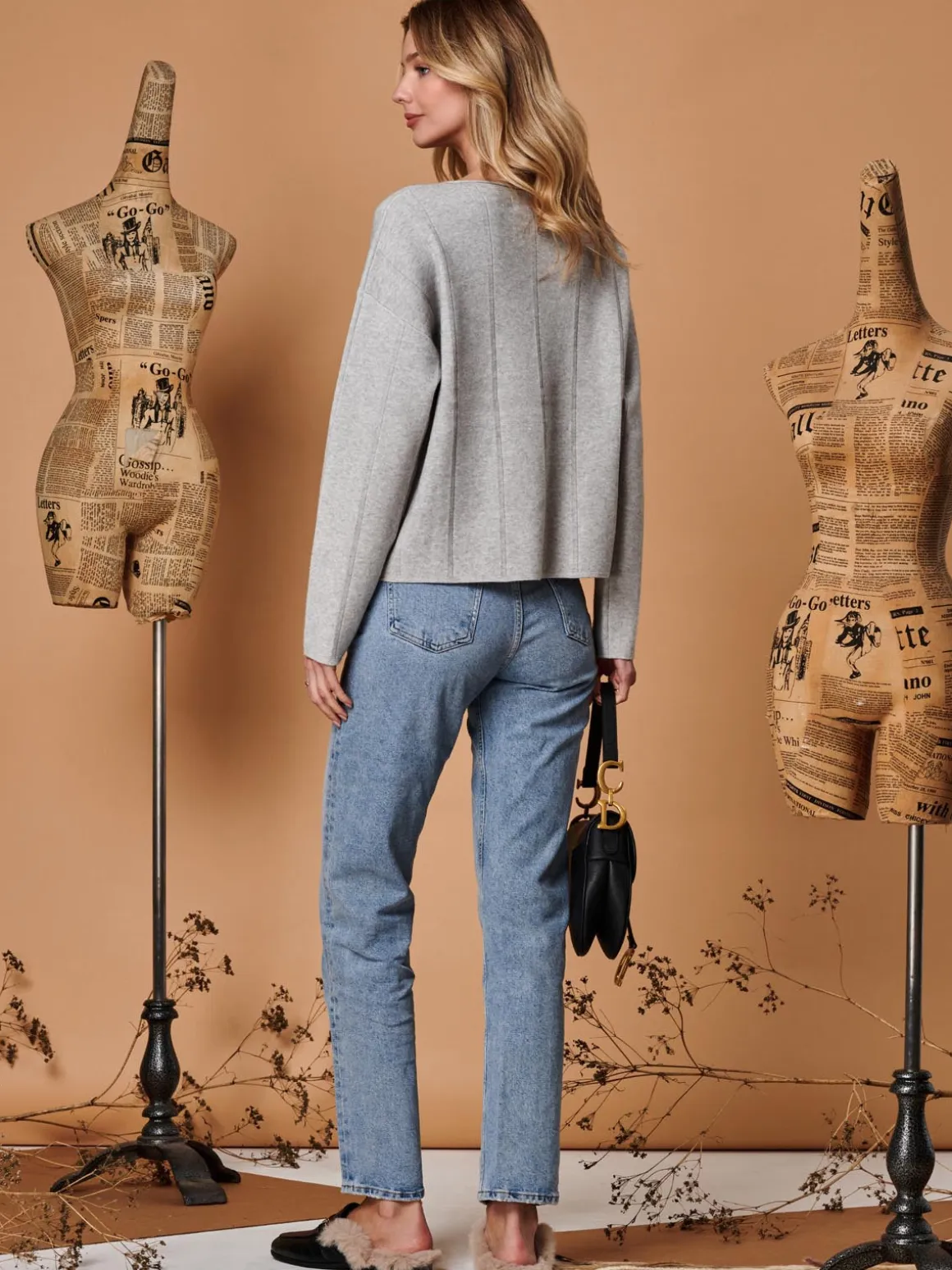 Round Neck Vertical Line Knit Top, Dove Heather
