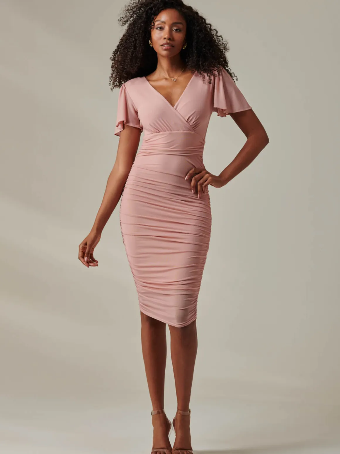 Ruched Mesh Bodycon Dress Blush