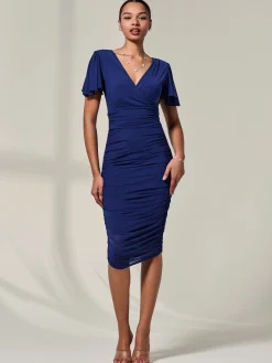 Ruched Mesh Bodycon Dress, Navy