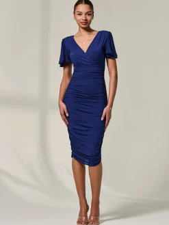 Ruched Mesh Bodycon Dress, Navy