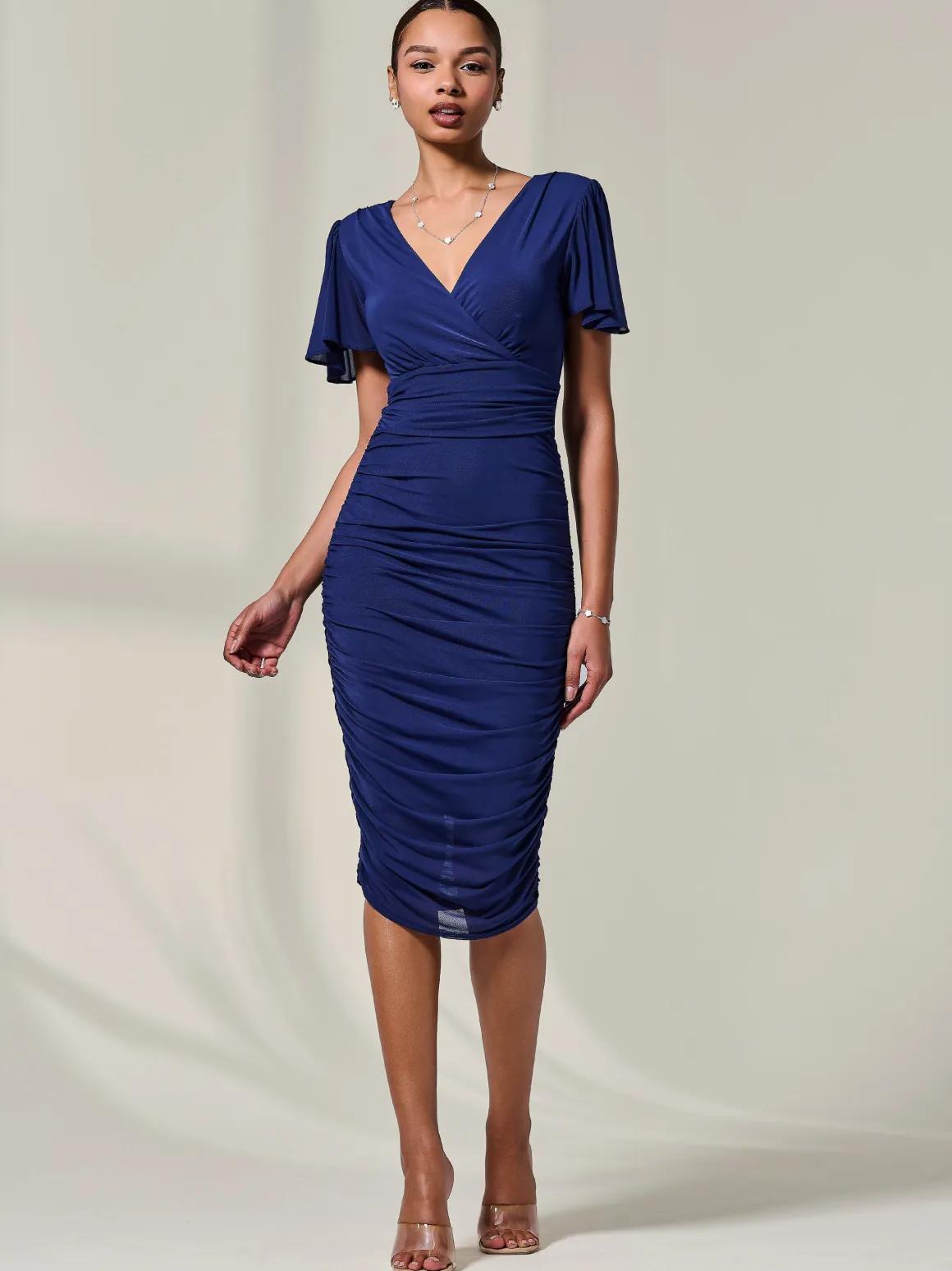 Ruched Mesh Bodycon Dress, Navy