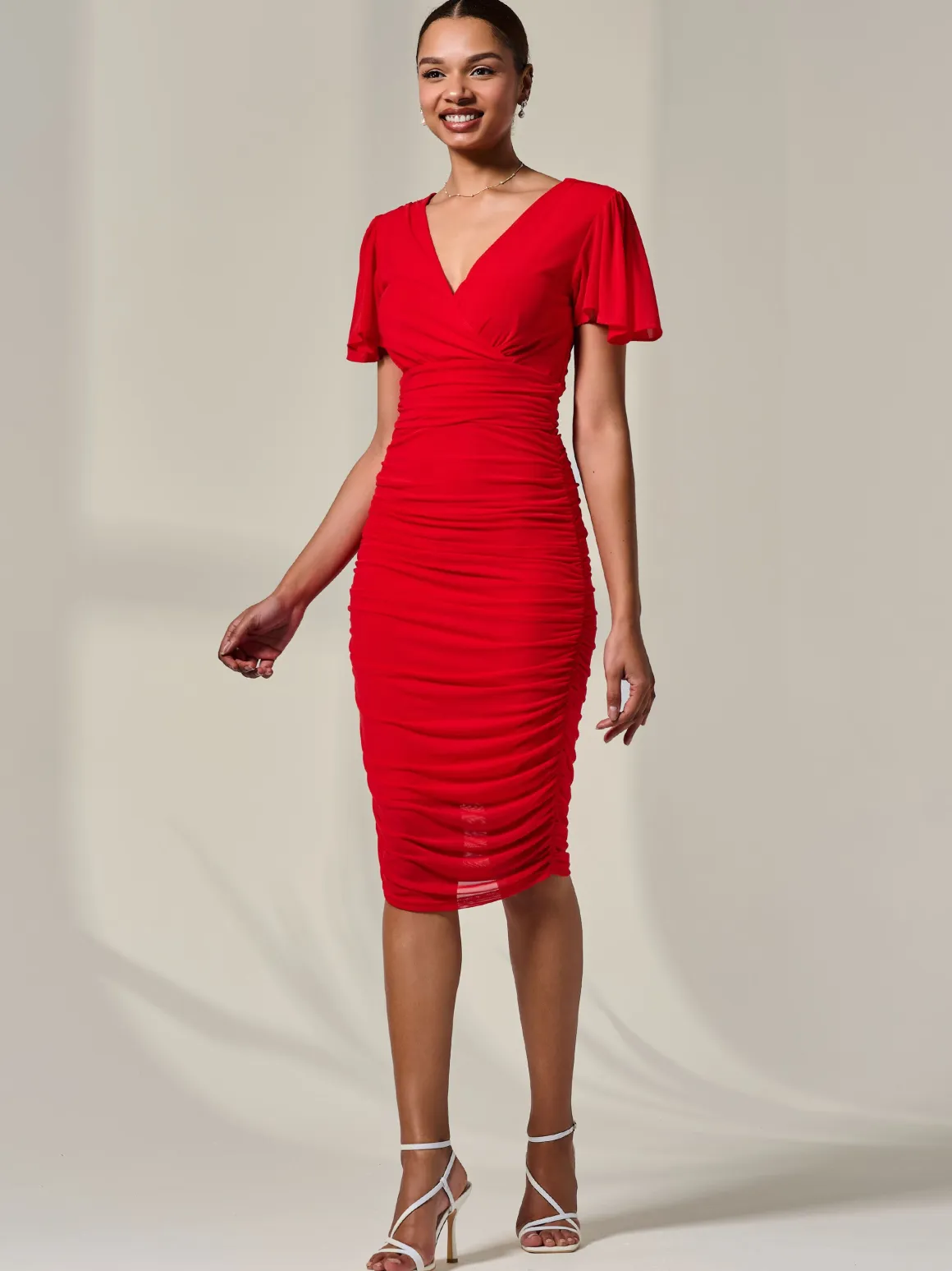 Ruched Mesh Bodycon Dress, Red