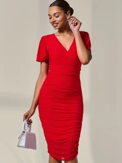 Ruched Mesh Bodycon Dress, Red