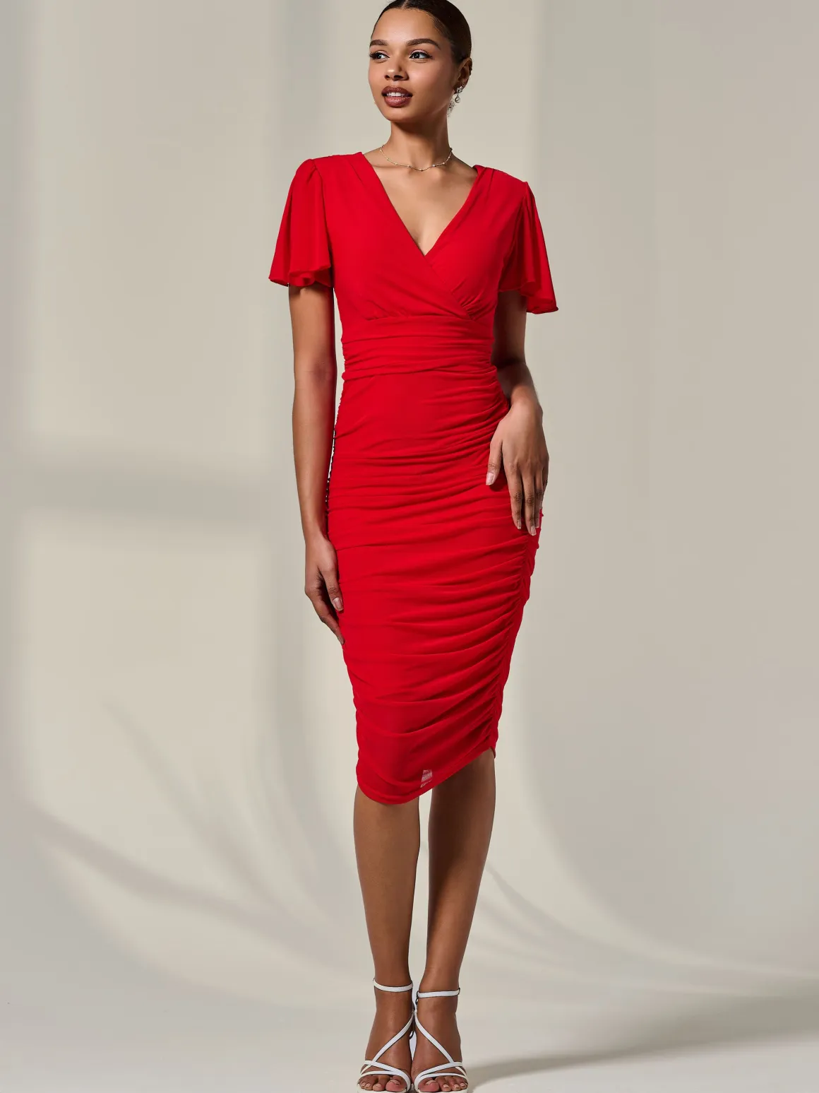 Ruched Mesh Bodycon Dress, Red