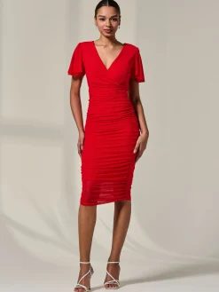 Ruched Mesh Bodycon Dress, Red