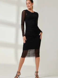 Ruched Sheath Maxi Mesh Dress, Black