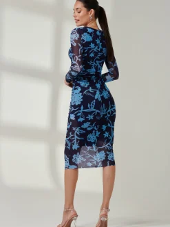 Ruched Sheath Maxi Mesh Dress, Navy Floral