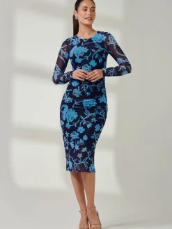 Ruched Sheath Maxi Mesh Dress, Navy Floral