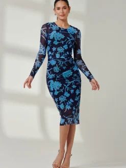 Ruched Sheath Maxi Mesh Dress, Navy Floral