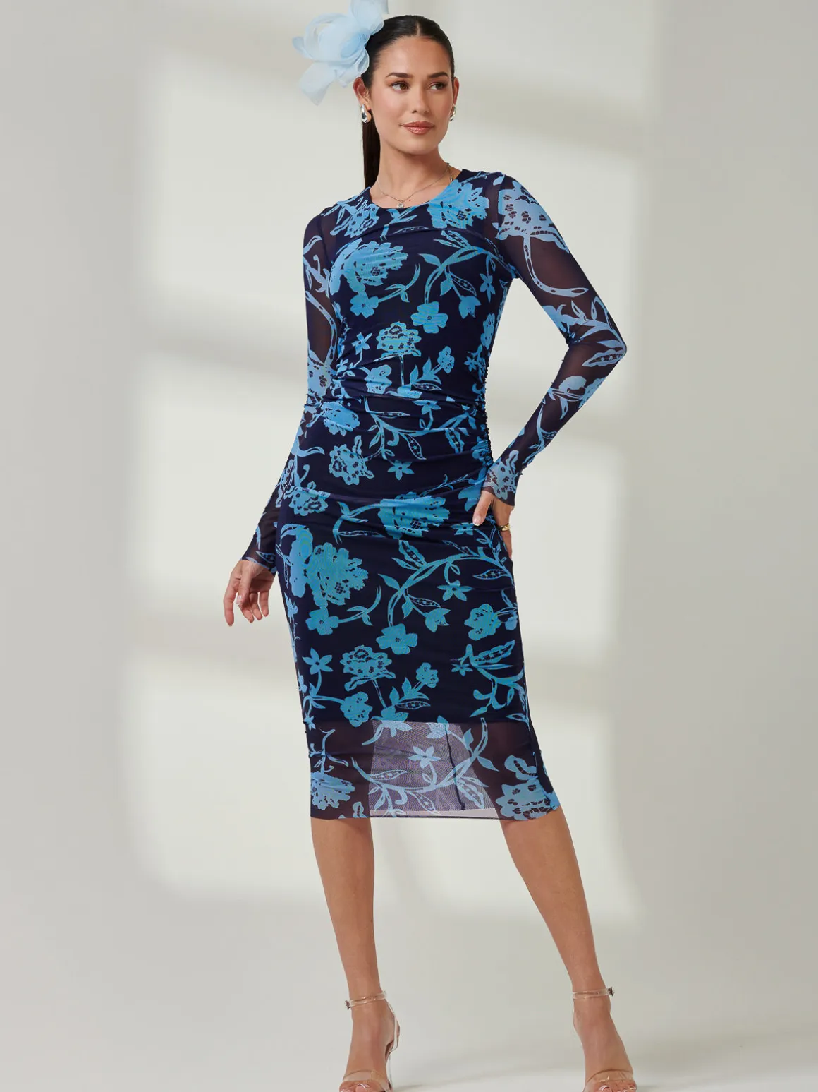 Ruched Sheath Maxi Mesh Dress, Navy Floral