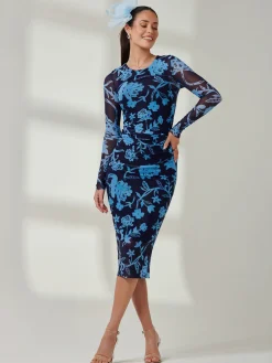 Ruched Sheath Maxi Mesh Dress, Navy Floral