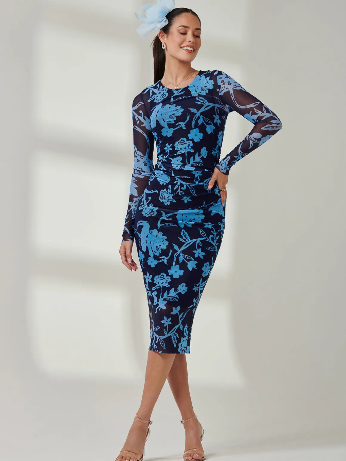 Ruched Sheath Maxi Mesh Dress, Navy Floral