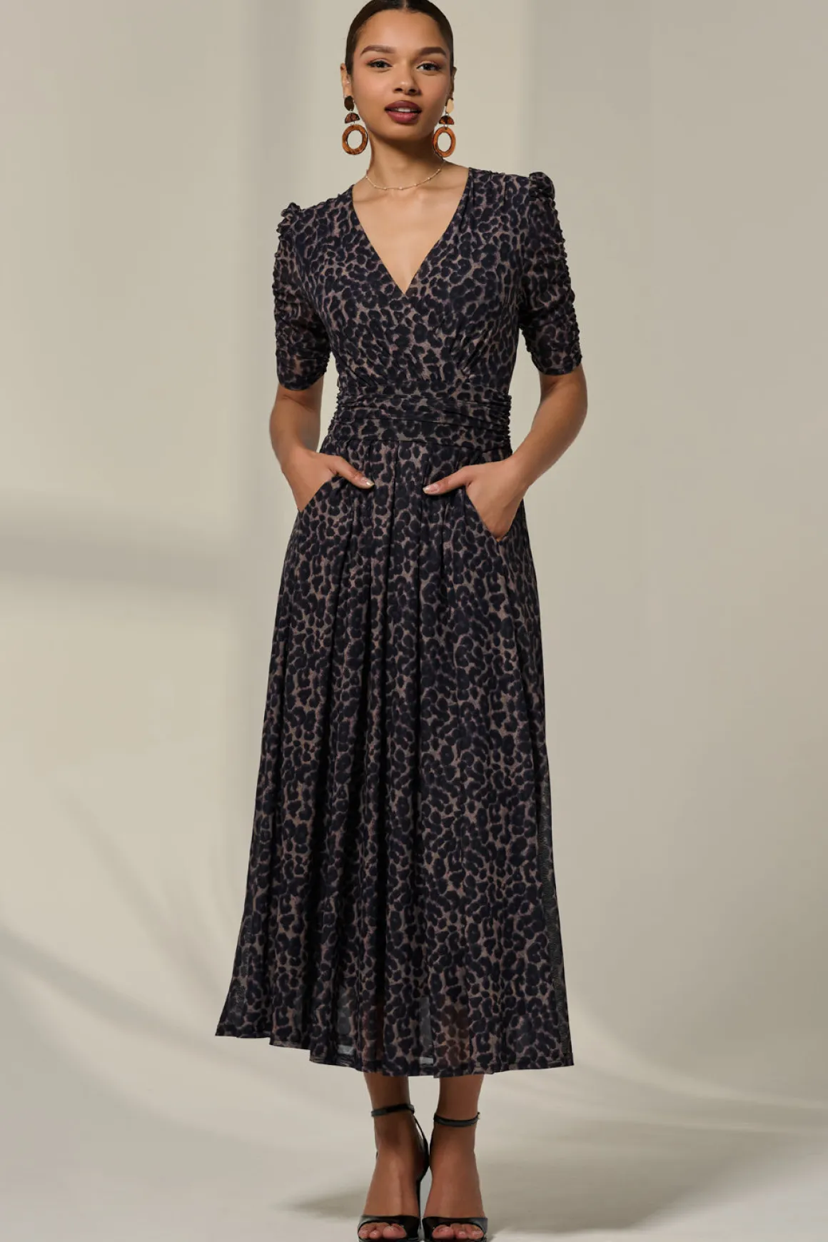 Ruched Sleeve Mesh Dress, Brown Leopard