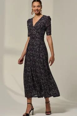 Ruched Sleeve Mesh Dress, Brown Leopard