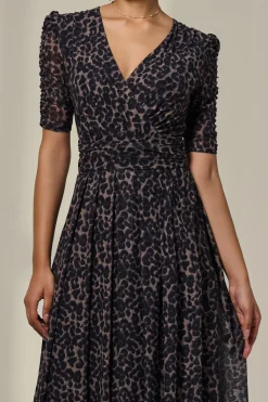 Ruched Sleeve Mesh Dress, Brown Leopard