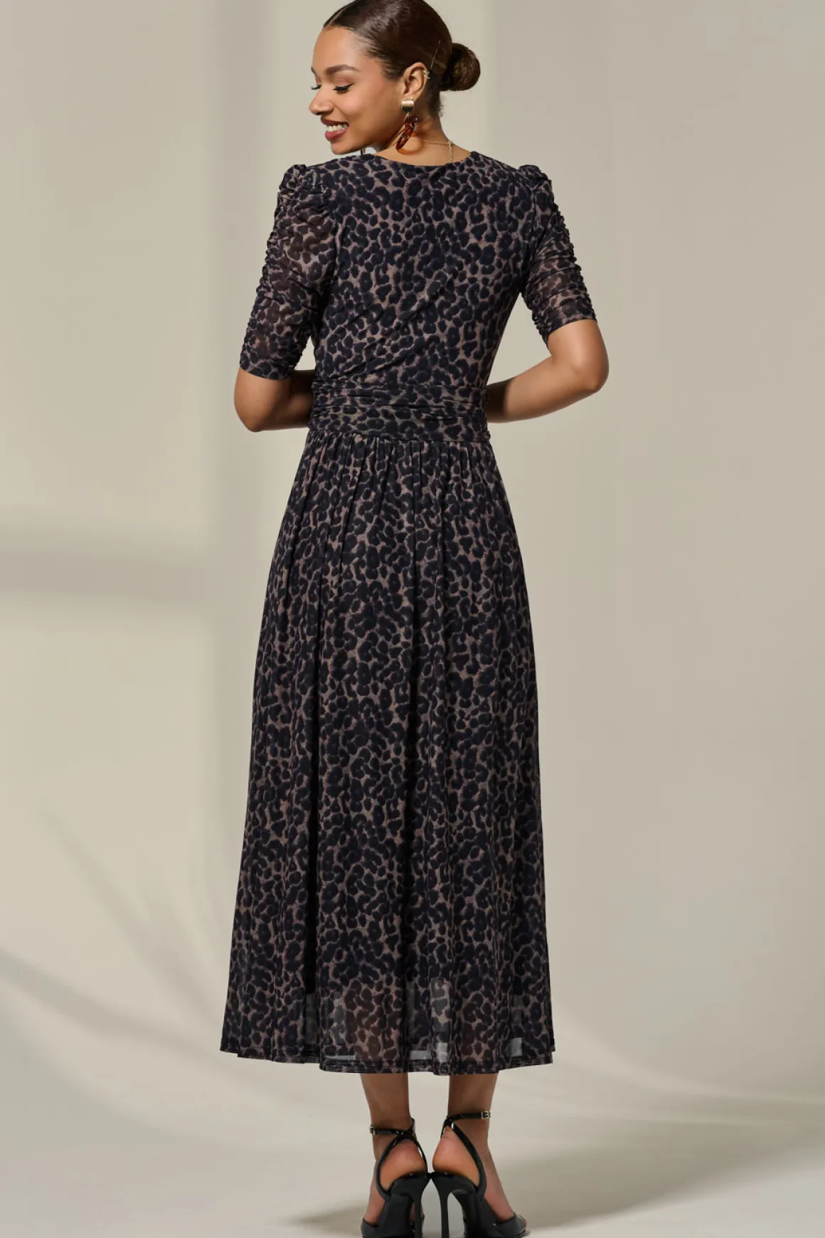 Ruched Sleeve Mesh Dress, Brown Leopard