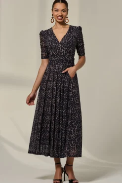 Ruched Sleeve Mesh Dress, Brown Leopard
