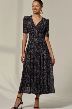 Ruched Sleeve Mesh Dress, Brown Leopard