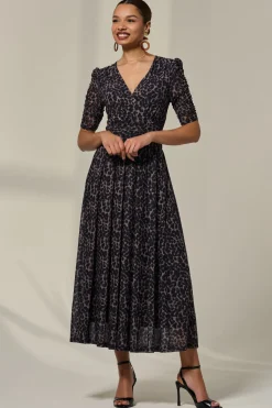 Ruched Sleeve Mesh Dress, Brown Leopard