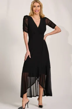 Ruched Sleeve Mesh Maxi Dress, Black