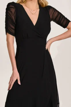 Ruched Sleeve Mesh Maxi Dress, Black