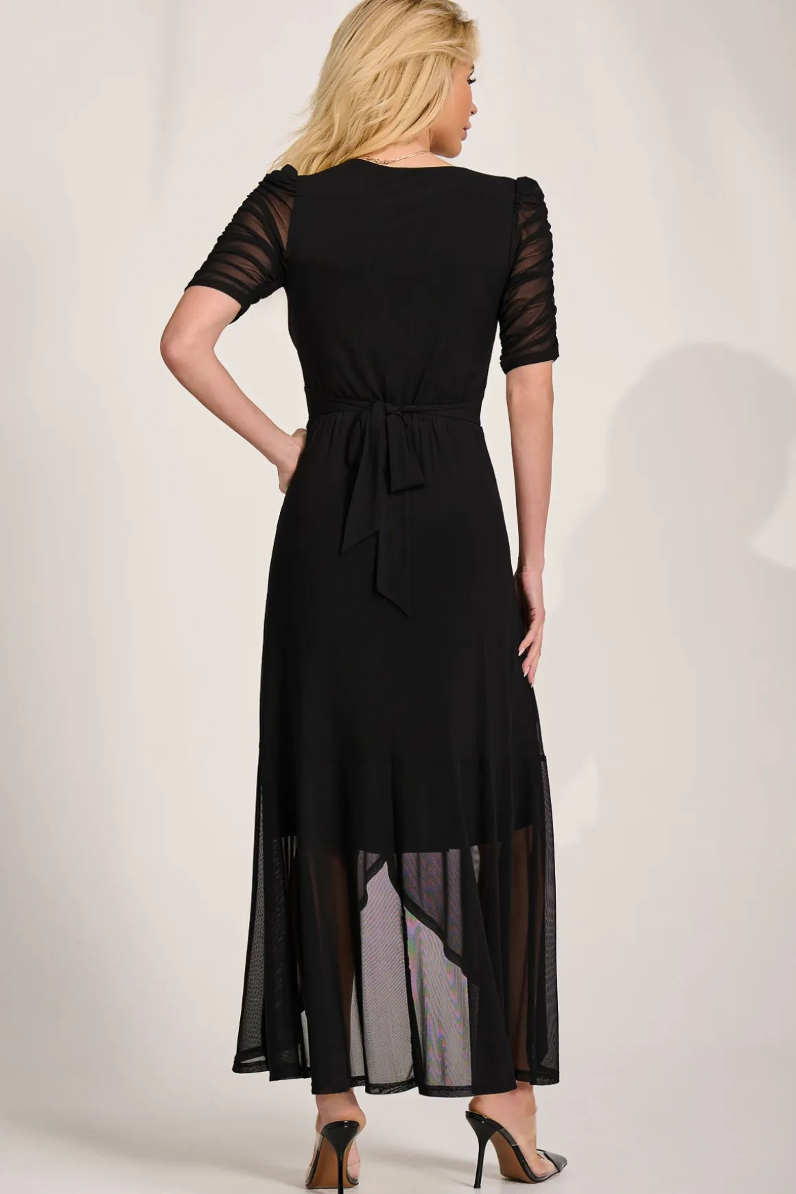 Ruched Sleeve Mesh Maxi Dress, Black