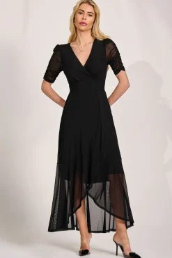 Ruched Sleeve Mesh Maxi Dress, Black