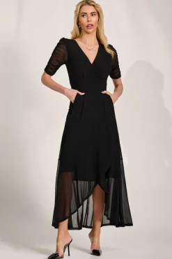 Ruched Sleeve Mesh Maxi Dress, Black