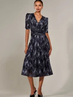 Ruched Sleeve Mesh Maxi Dress, Grey Abstract