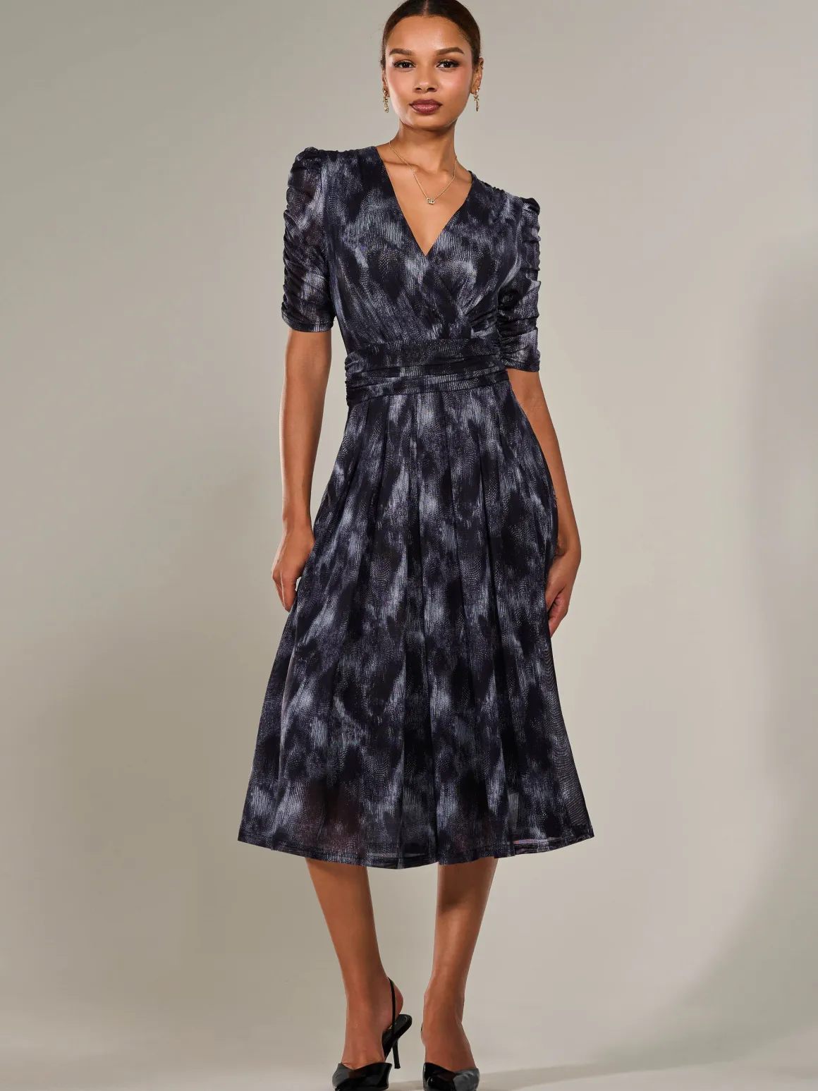 Ruched Sleeve Mesh Maxi Dress, Grey Abstract