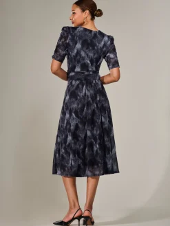 Ruched Sleeve Mesh Maxi Dress, Grey Abstract