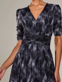 Ruched Sleeve Mesh Maxi Dress, Grey Abstract
