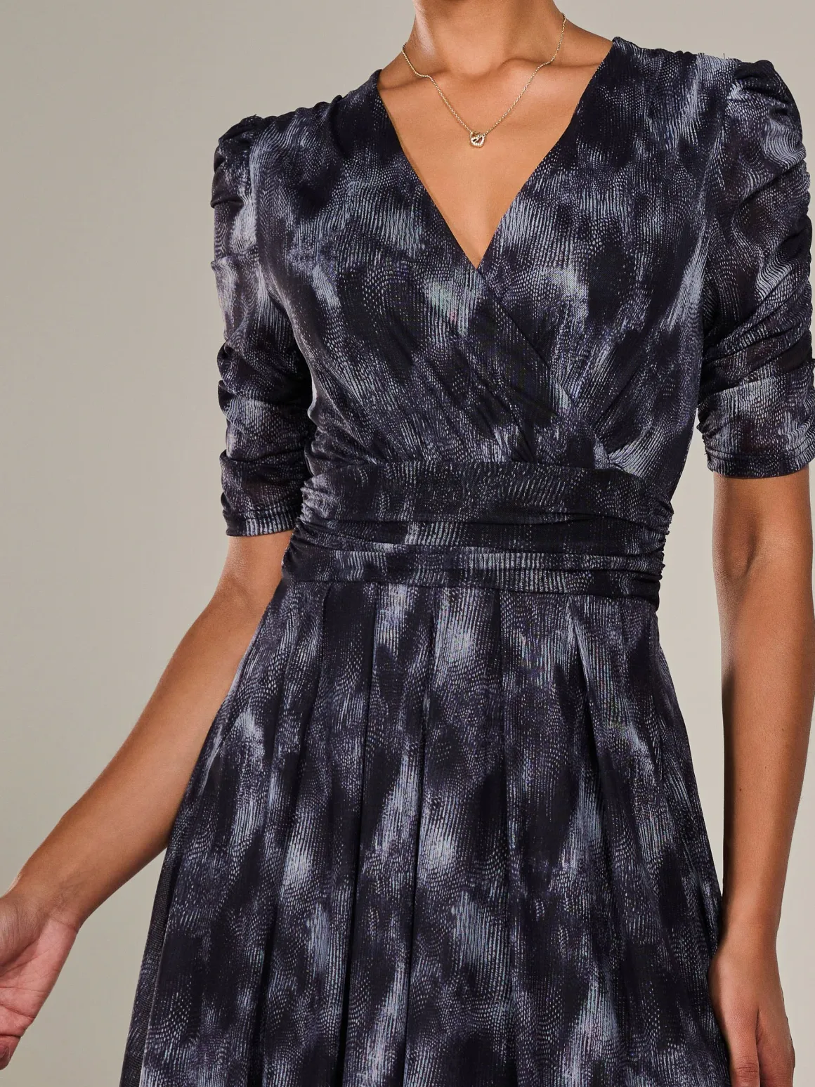 Ruched Sleeve Mesh Maxi Dress, Grey Abstract