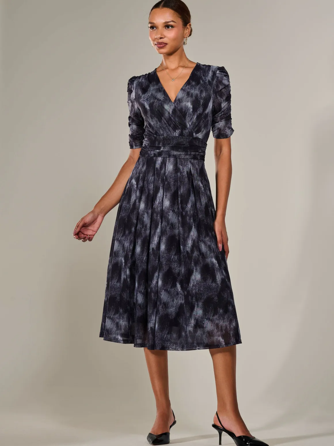 Ruched Sleeve Mesh Maxi Dress, Grey Abstract
