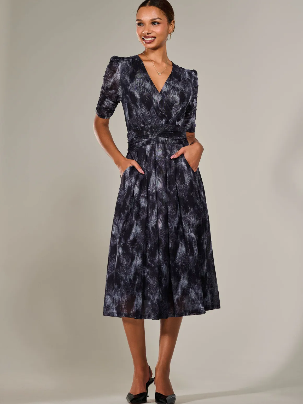 Ruched Sleeve Mesh Maxi Dress, Grey Abstract