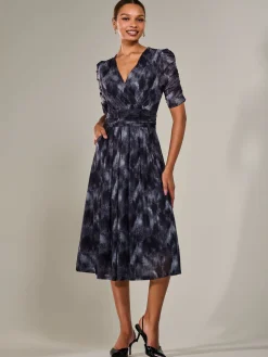 Ruched Sleeve Mesh Maxi Dress, Grey Abstract