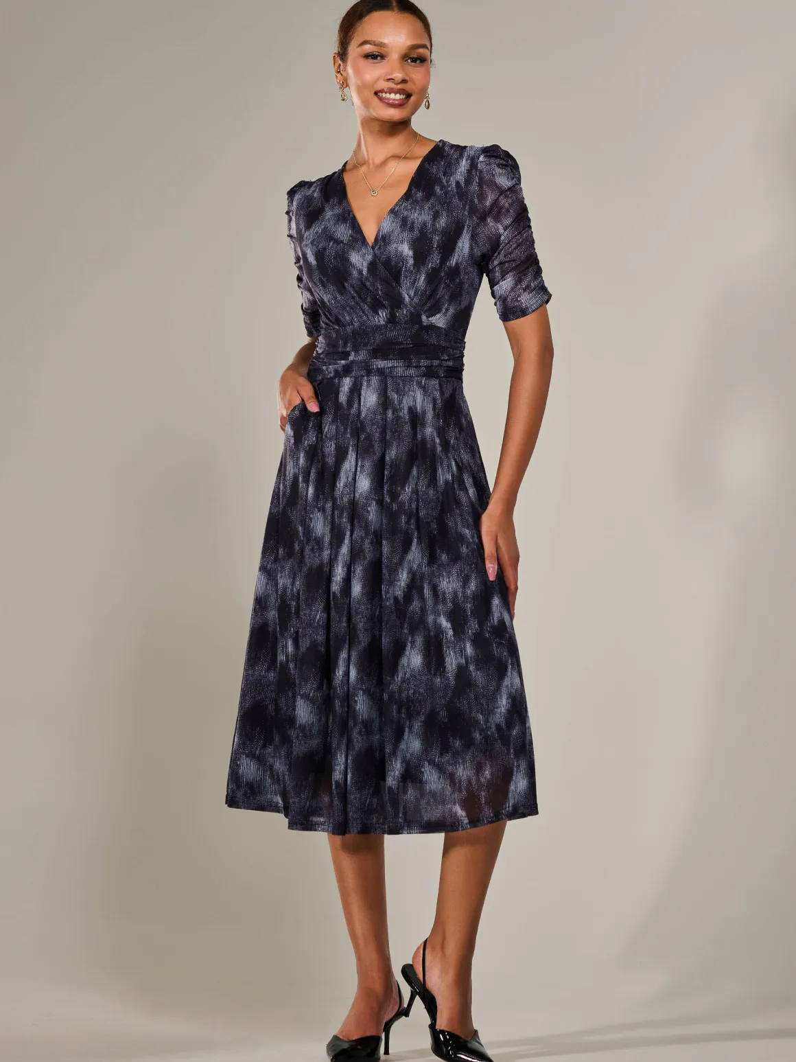 Ruched Sleeve Mesh Maxi Dress, Grey Abstract