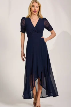 Ruched Sleeve Mesh Maxi Dress, Navy