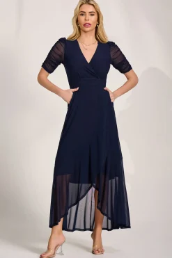 Ruched Sleeve Mesh Maxi Dress, Navy